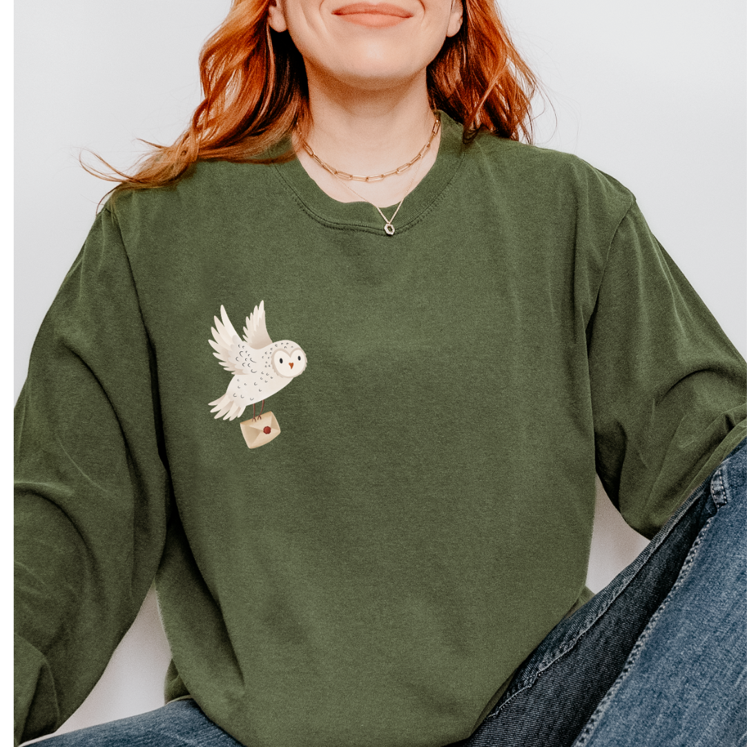 Pullover Schneeeule mit Brief - Waldtier Sweater Eule Geschenkidee Lesen Bücher