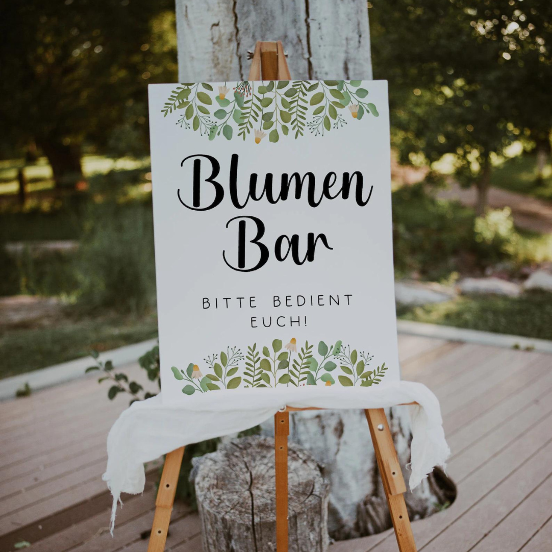 Schild Hochzeit Blumen Bar - Hochzeits-Fächer Deko Schild Blumenkranz