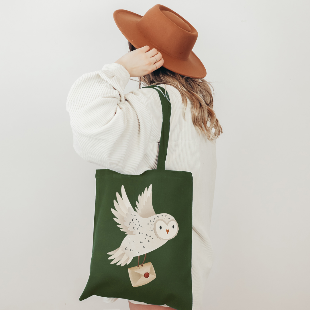 Stofftasche Eule Schneeeule mit Brief Jutebeutel Waldtiere - Bibliothektasche Geschenk Lesen Bücher