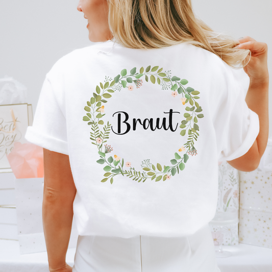 Tshirt JGA mit Name Eukalyptus - BIOBAUMWOLLE Blumenkranz Braut & Team Braut