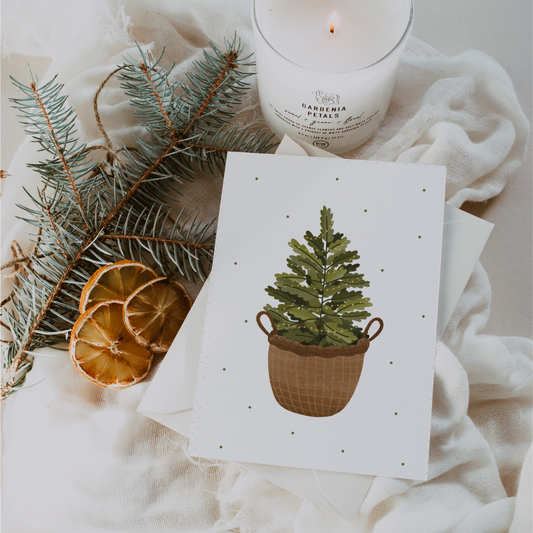 Weihnachtskarte Weihnachtsbaum im Korb - weihnachtliche Postkarte Tanne