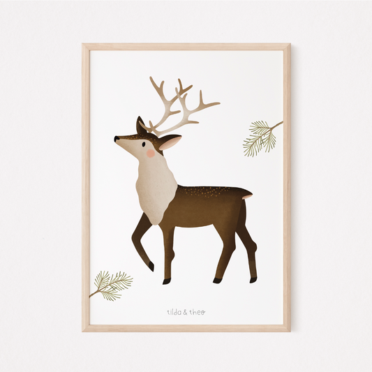 Poster Rentier Norwegen Winter - Print Kinderzimmer Skandinavien Hirsch Weihnachten