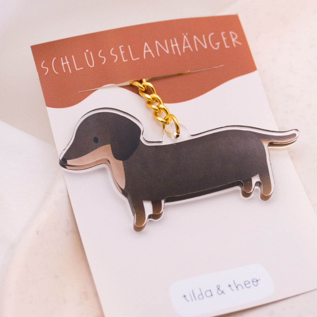 Schlüsselanhänger Dackel Hund aus Acryl - Geschenk Hunderasse Keychain