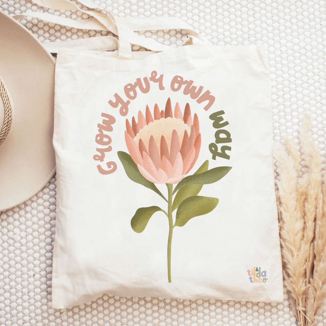 Stofftasche Protea "Grow your own way" Blume - Jutebeutel Tasche Pflanze Boho