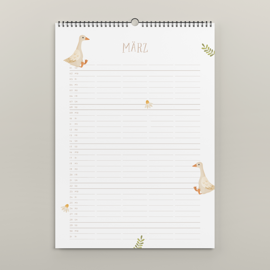 Familienkalender 2026 A3 Tilda&Theo - gemütliche Motive illustrierter Kalender mit 5 Spalten