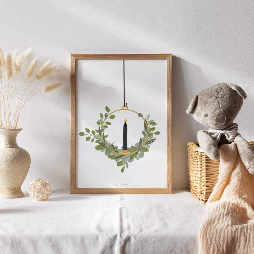 Poster Christmas eucalyptus wreath candle - art print door wreath