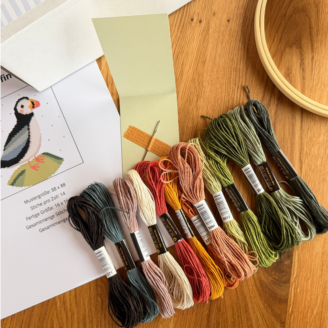 Cross Stitch Kit Papageientaucher Island - Kreuzstich Set Anfänger Stickset Vogel - DIY Handarbeit Geschenk - Puffin Stickerei