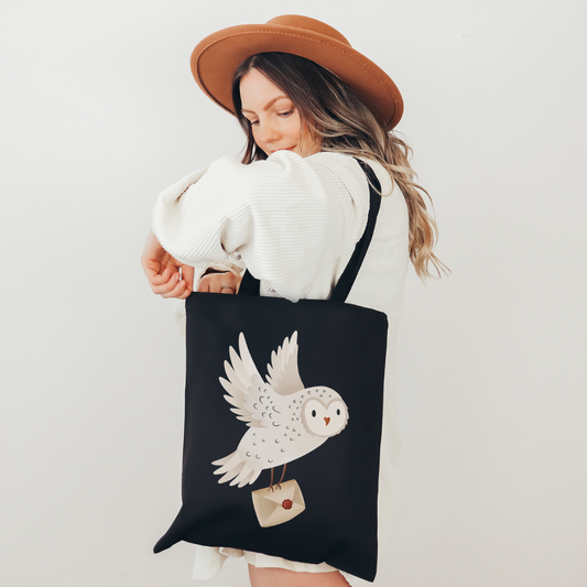 Stofftasche Eule Schneeeule mit Brief Jutebeutel Waldtiere - Bibliothektasche Geschenk Lesen Bücher