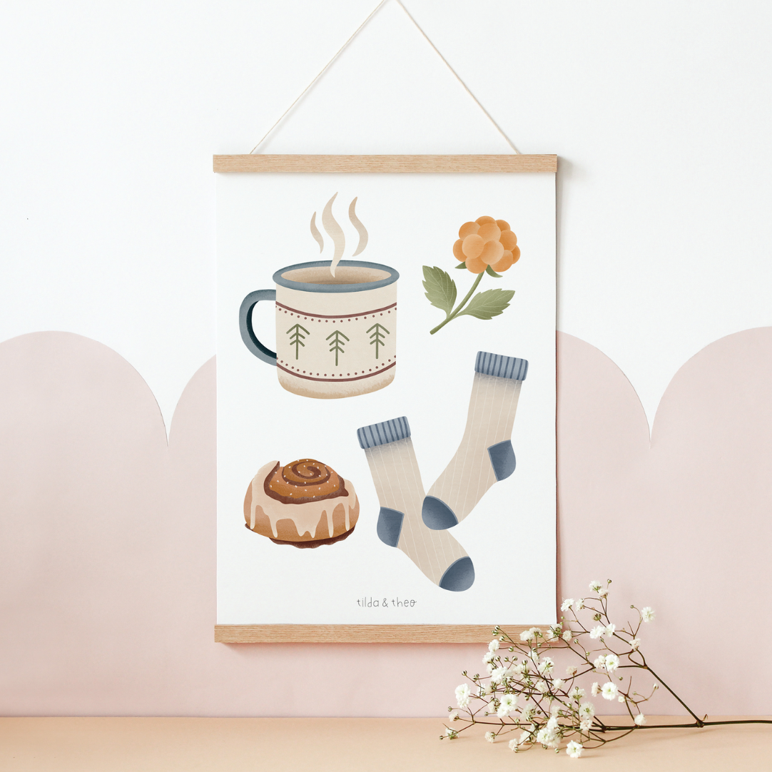 Poster Hygge Norwegen gemütlicher Kunstdruck Zimtschnecke - Kanelbulle und Kaffee Schweden Skandinavien Print