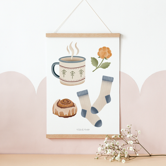 Poster Hygge Norwegen gemütlicher Kunstdruck Zimtschnecke - Kanelbulle und Kaffee Schweden Skandinavien Print