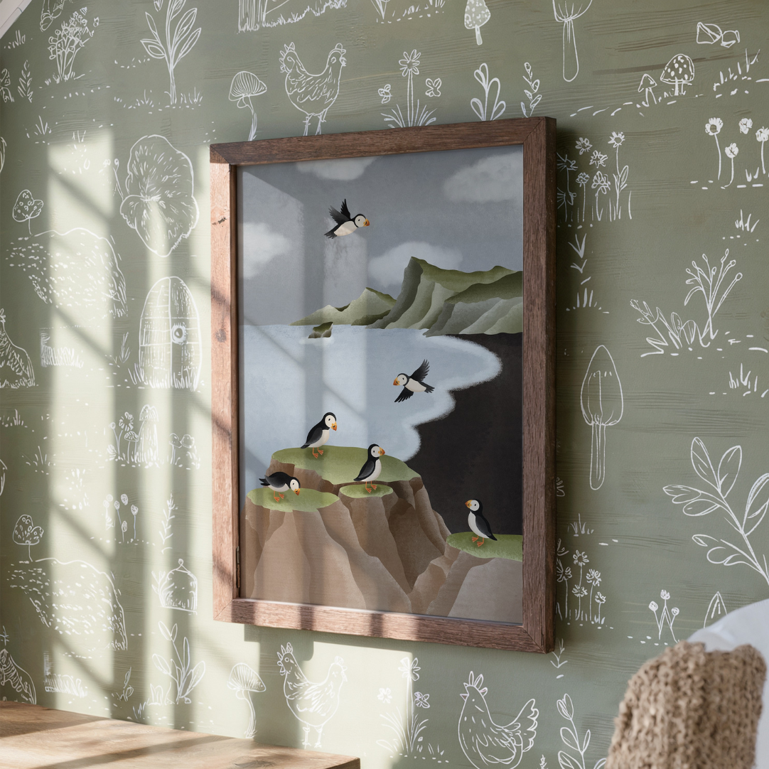 Poster Island Puffin Kunstdruck - Schwarzer Strand Vík Papageientaucher Felsen Skandinavien Reiseposter