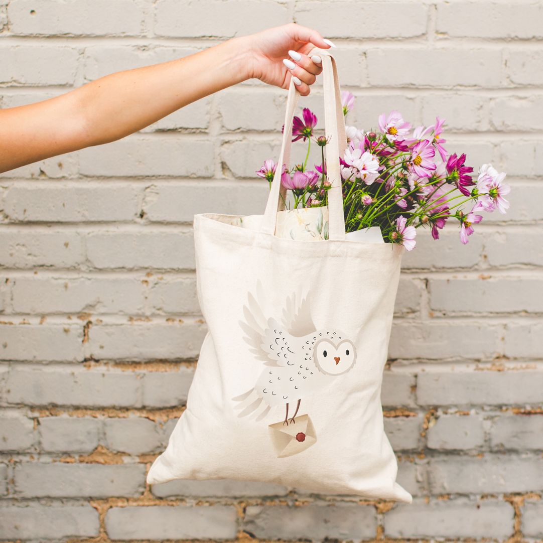 Stofftasche Eule Schneeeule mit Brief Jutebeutel Waldtiere - Bibliothektasche Geschenk Lesen Bücher