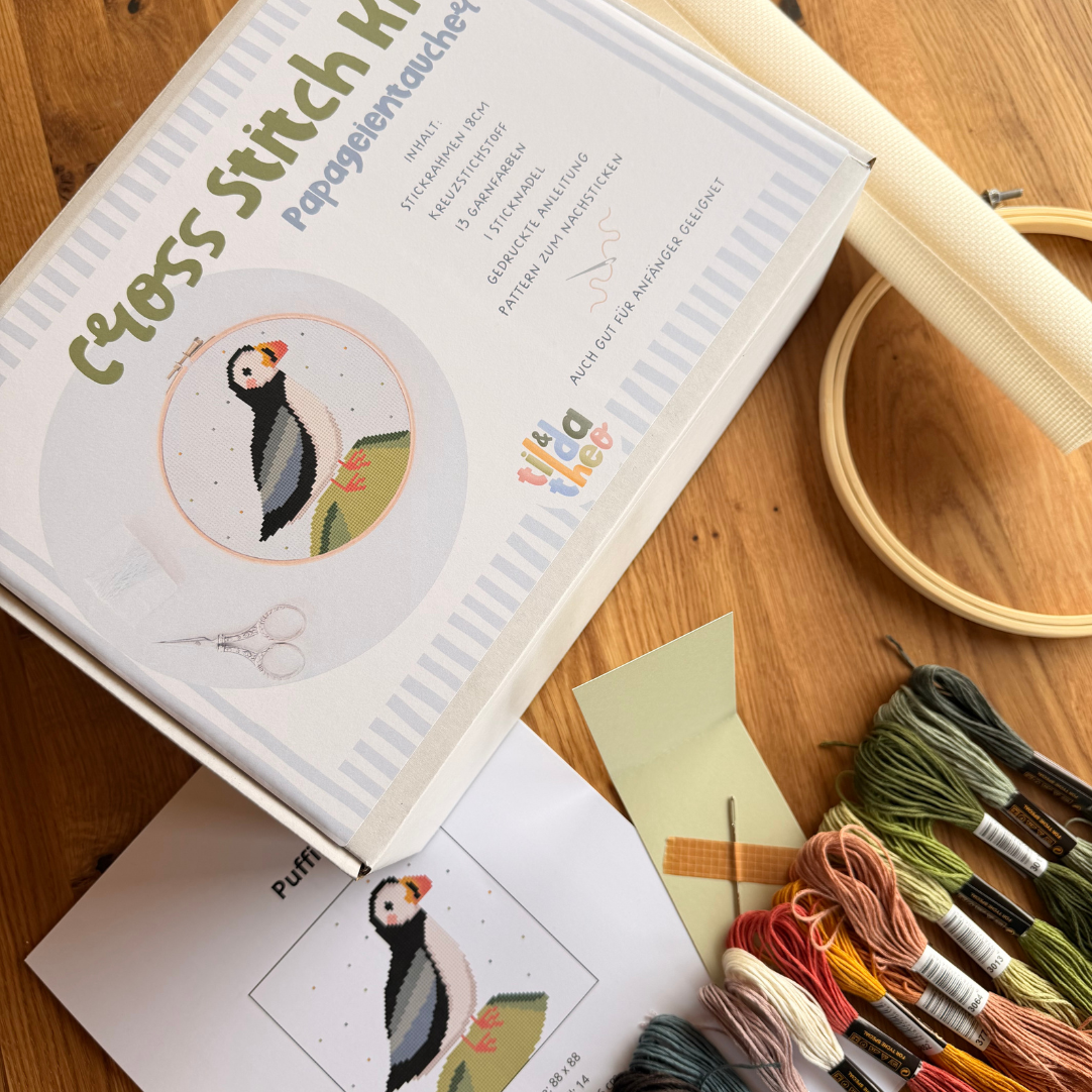 Cross Stitch Kit Papageientaucher Island - Kreuzstich Set Anfänger Stickset Vogel - DIY Handarbeit Geschenk - Puffin Stickerei
