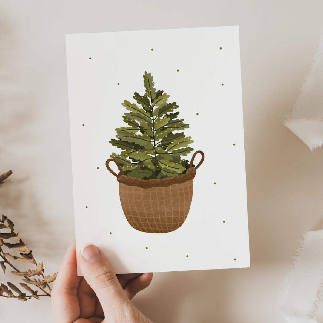 Weihnachtskarte Weihnachtsbaum im Korb - weihnachtliche Postkarte Tanne