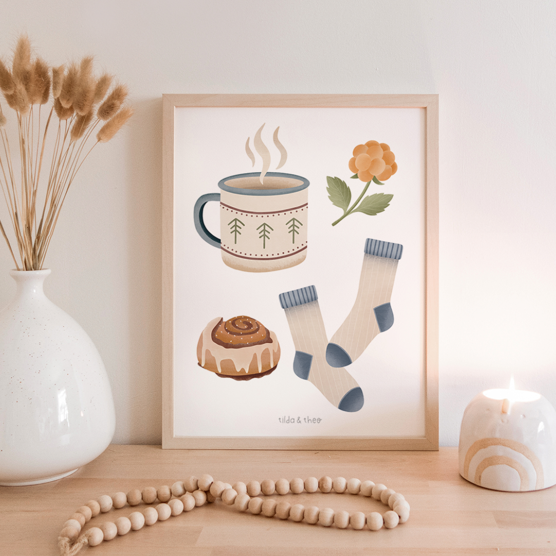 Poster Hygge Norwegen gemütlicher Kunstdruck Zimtschnecke - Kanelbulle und Kaffee Schweden Skandinavien Print