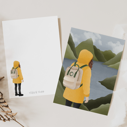 Postkarte Norwegen Fjorde Frau in gelber Regenjacke Karte Reise - Postkarte Norwegischer Fjord