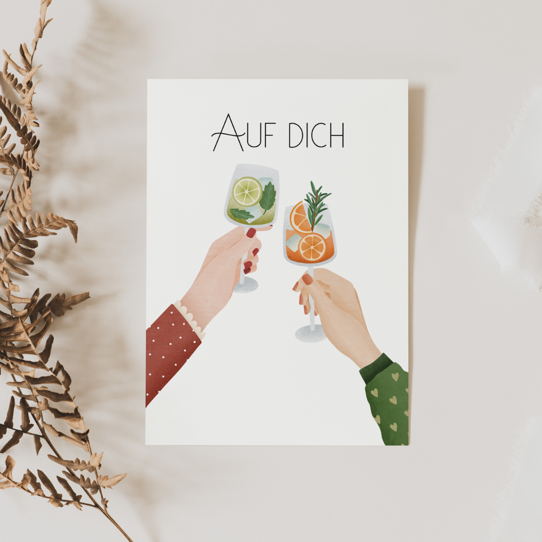 Postkarte Anstoßen "Auf Dich" Drinks Silvester - Postkarte Geburtstag Freundin