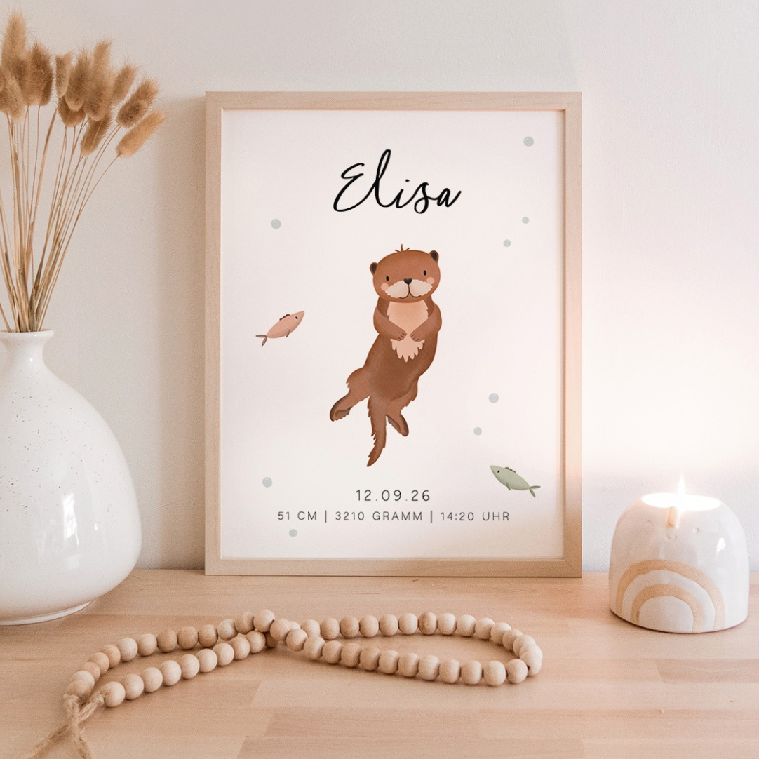 Geburtsposter Otter Geburtsgeschenk Tiere - personalisiert Geschenk Taufe & Geburt Fischotter