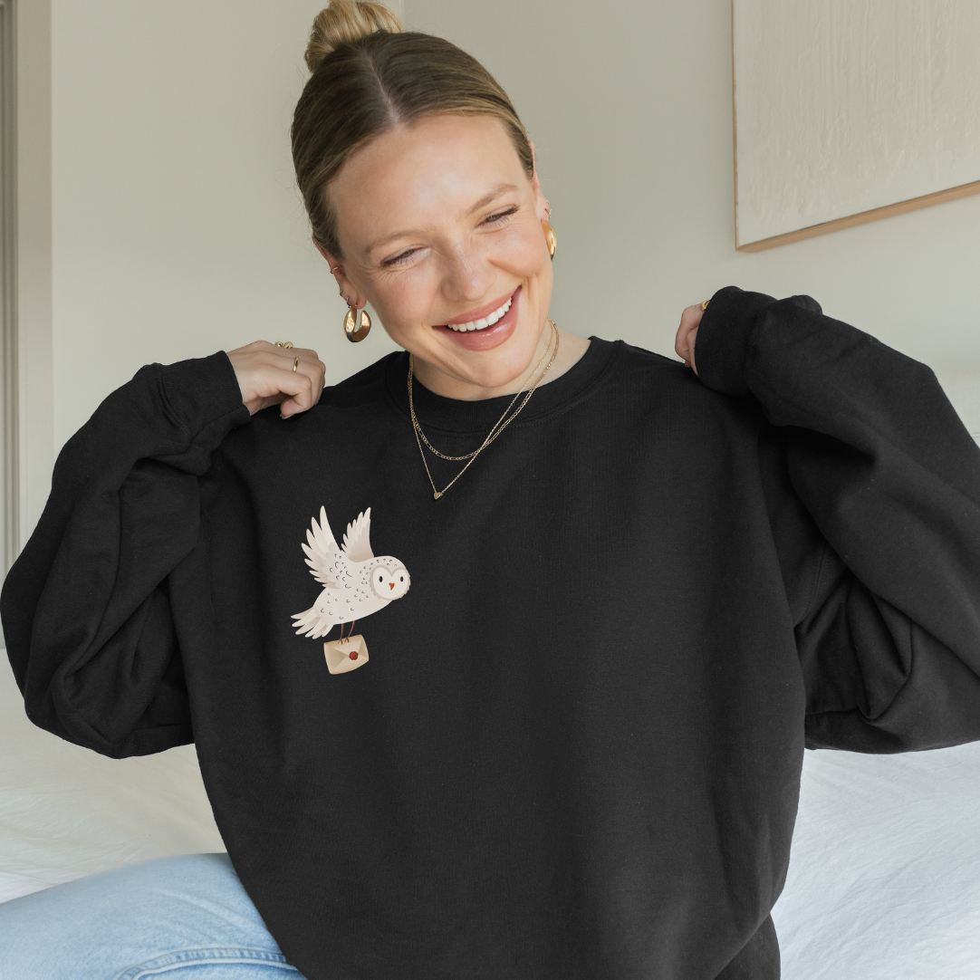 Pullover Schneeeule mit Brief - Waldtier Sweater Eule Geschenkidee Lesen Bücher