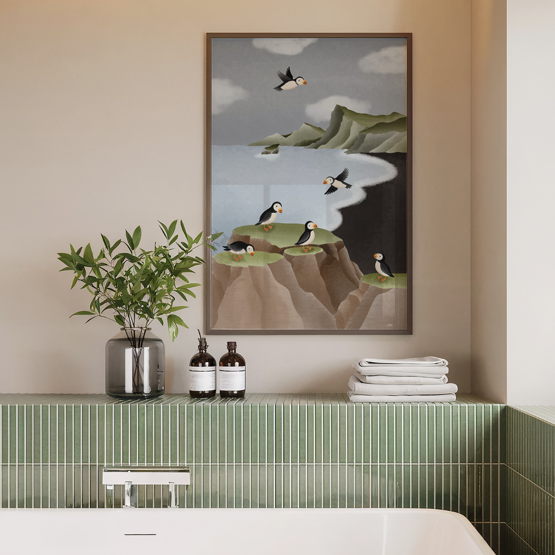 Poster Island Puffin Kunstdruck - Schwarzer Strand Vík Papageientaucher Felsen Skandinavien Reiseposter