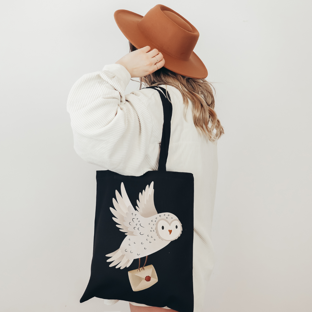 Stofftasche Eule Schneeeule mit Brief Jutebeutel Waldtiere - Bibliothektasche Geschenk Lesen Bücher