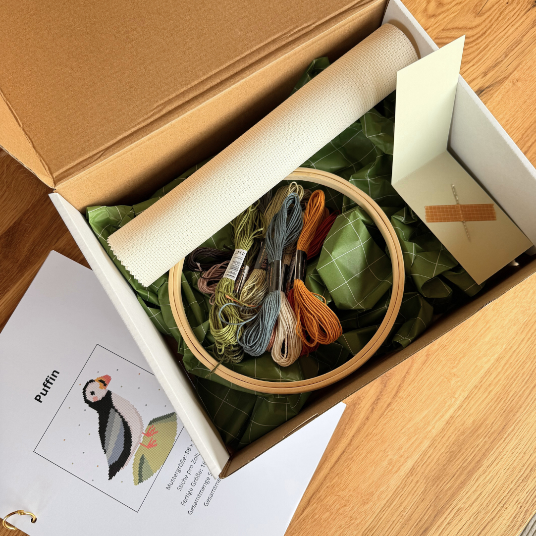 Cross Stitch Kit Papageientaucher Island - Kreuzstich Set Anfänger Stickset Vogel - DIY Handarbeit Geschenk - Puffin Stickerei