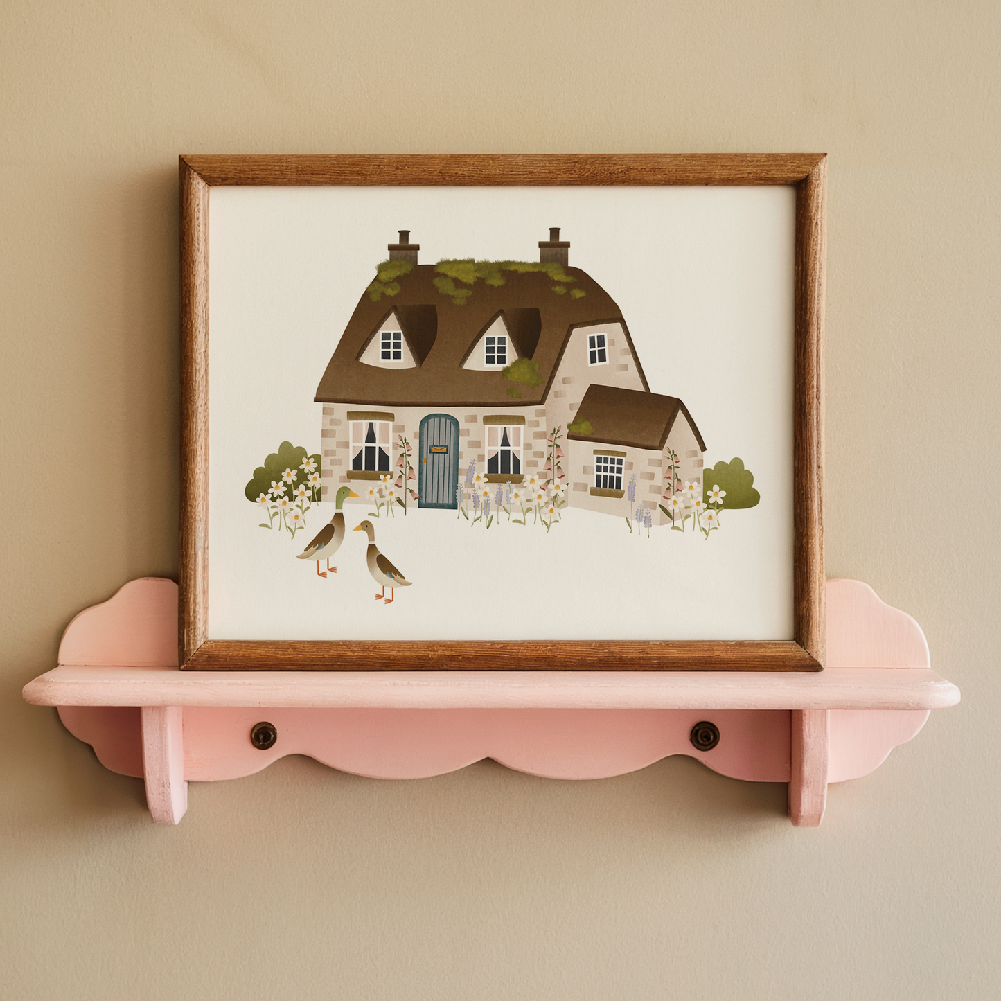 Poster Cottage mit Laufenten Haus Kunstdruck Skandinavien - Frühling Deko Englisches Cottage