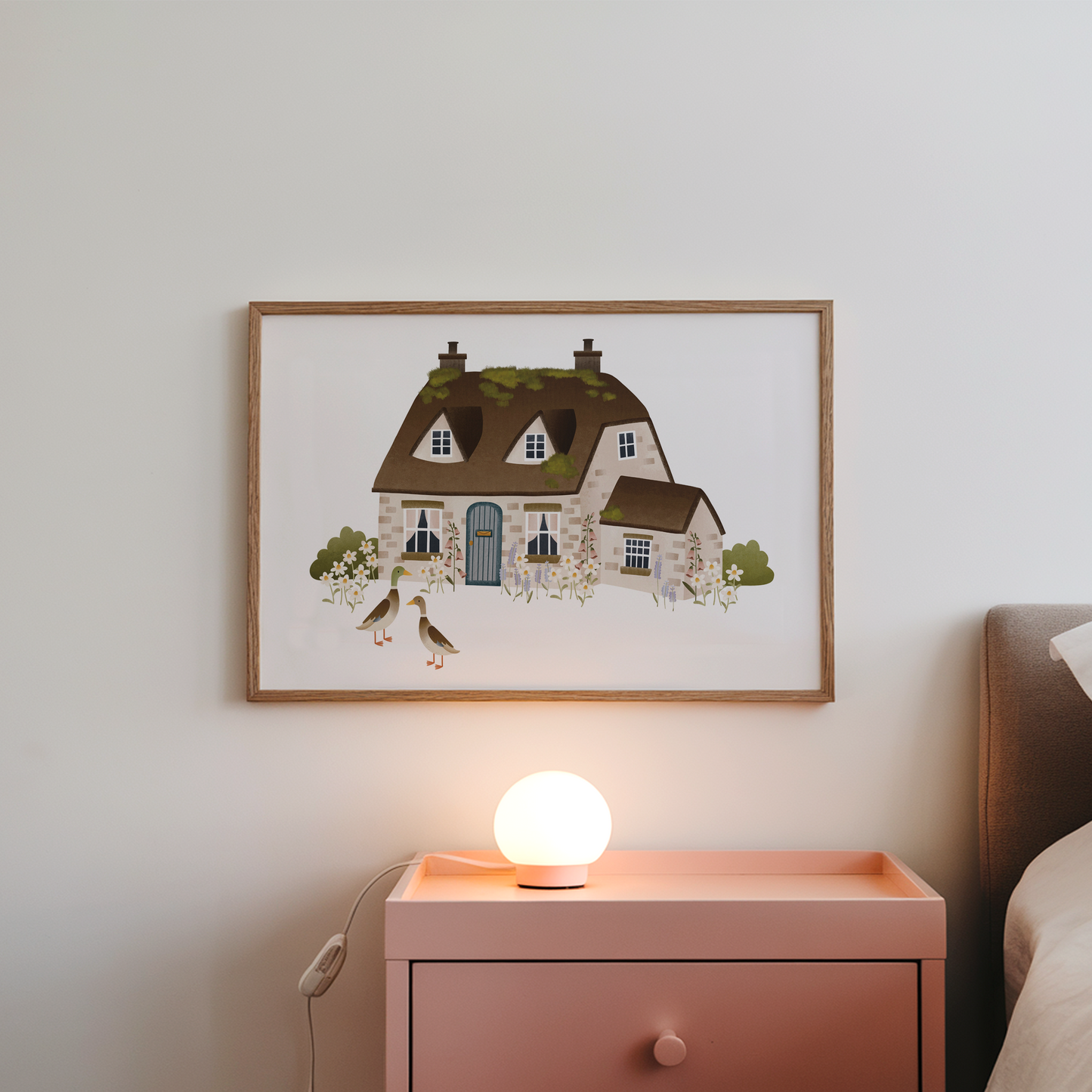 Poster Cottage mit Laufenten Haus Kunstdruck Skandinavien - Frühling Deko Englisches Cottage