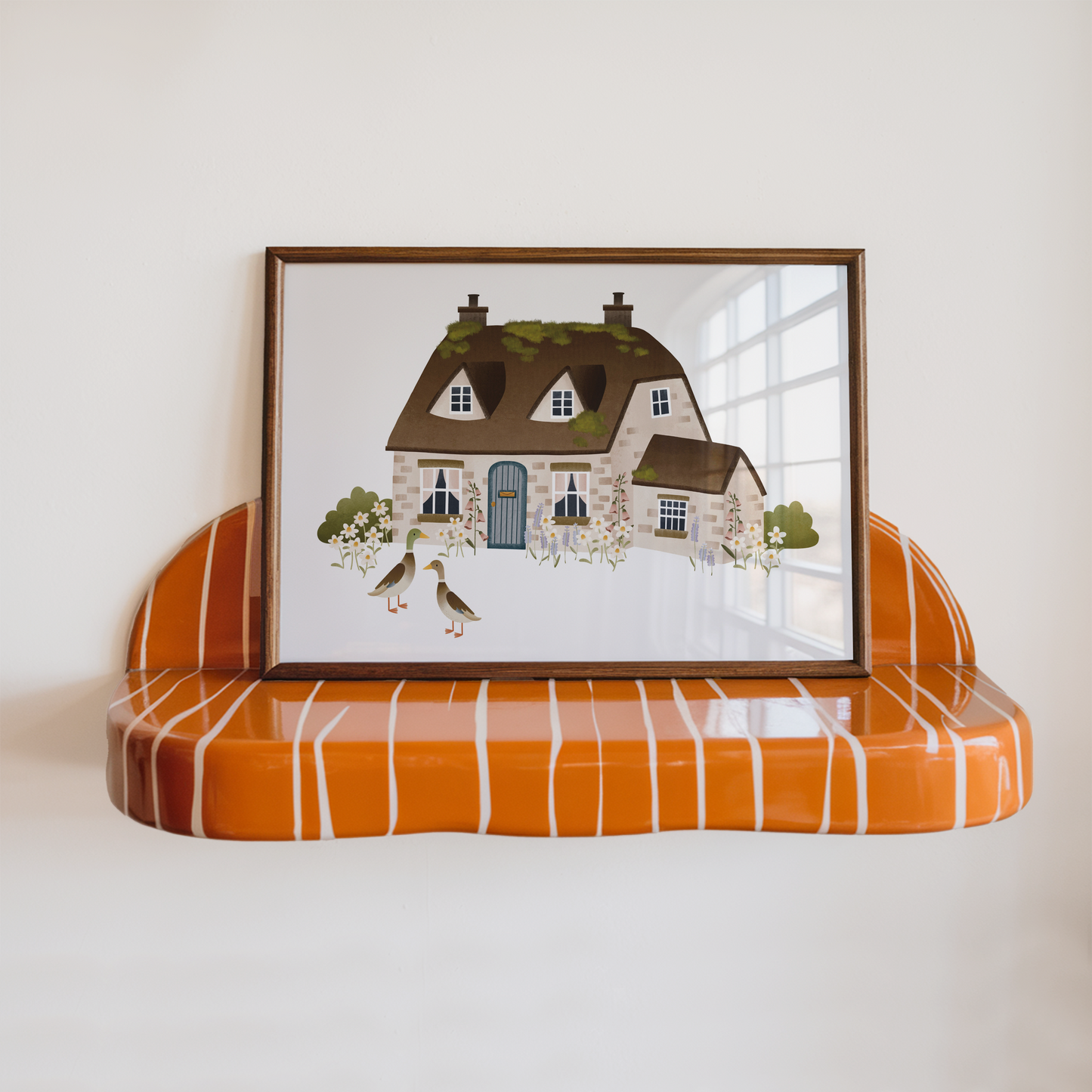 Poster Cottage mit Laufenten Haus Kunstdruck Skandinavien - Frühling Deko Englisches Cottage