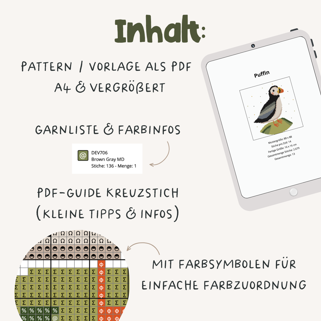Puffin Cross Stitch Pattern PDF - Papageientaucher Island Kreuzstich-Vorlage