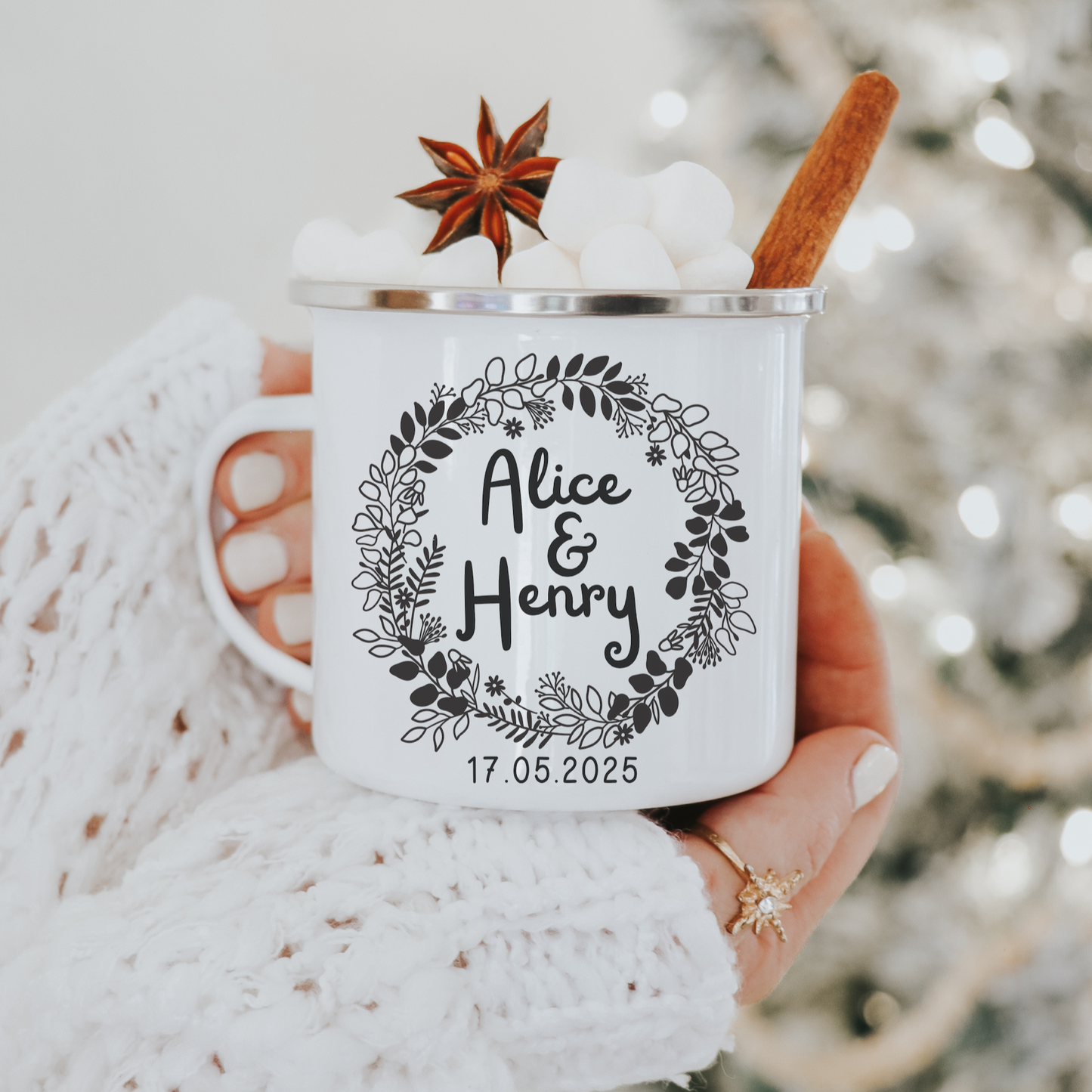 Tasse Hochzeit Eukalyptuskranz schwarz weiß - Personalisierte Emaille Tasse Hochzeit Eukalyptus