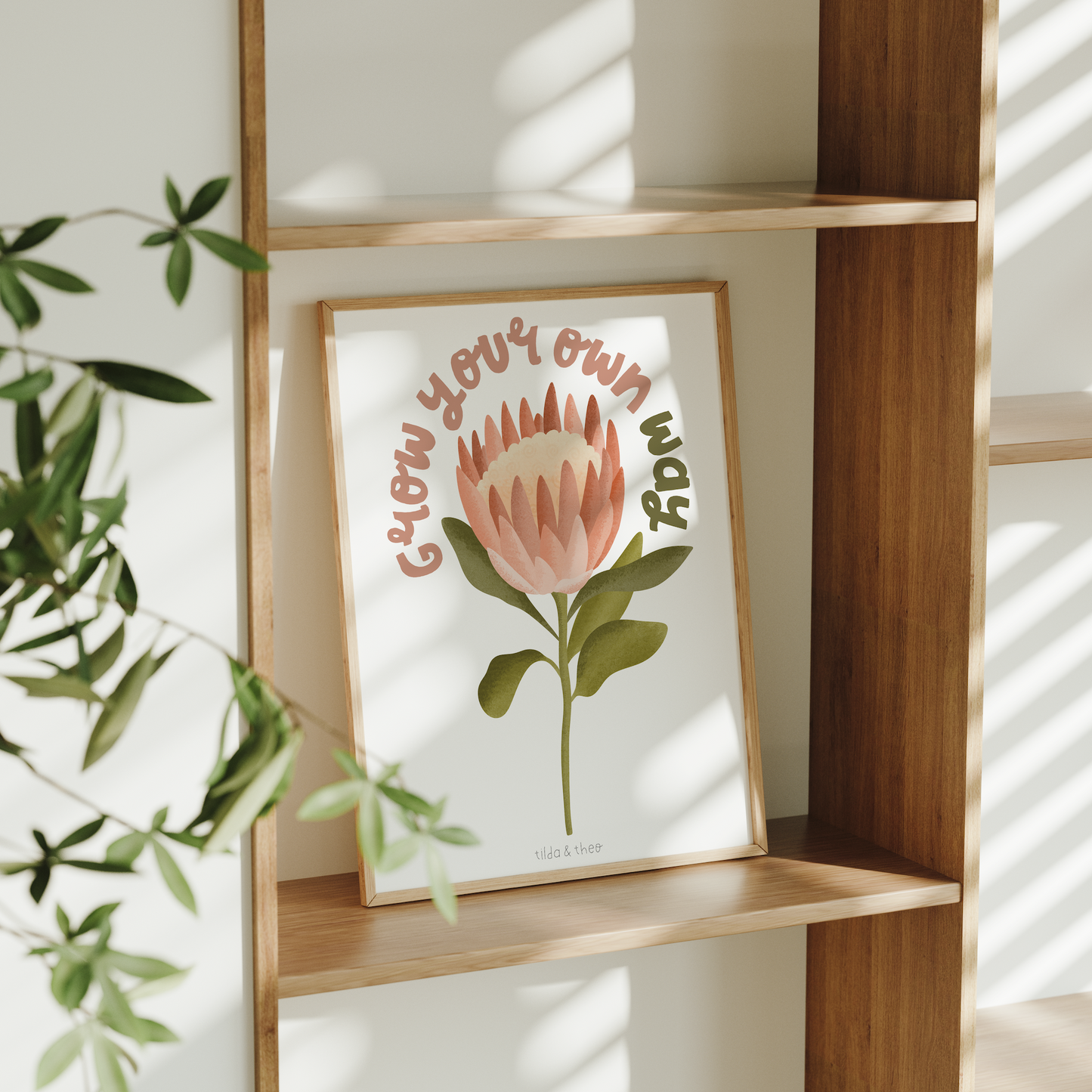 Poster Protea Blume "Grow your own way" - Boho Print Zweig Motivierender Spruch