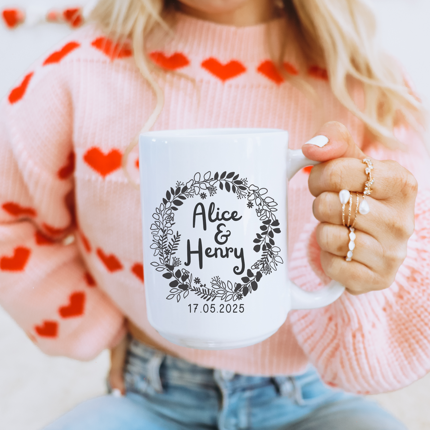 Tasse Hochzeit Eukalyptuskranz schwarz weiß - Personalisierte Emaille Tasse Hochzeit Eukalyptus