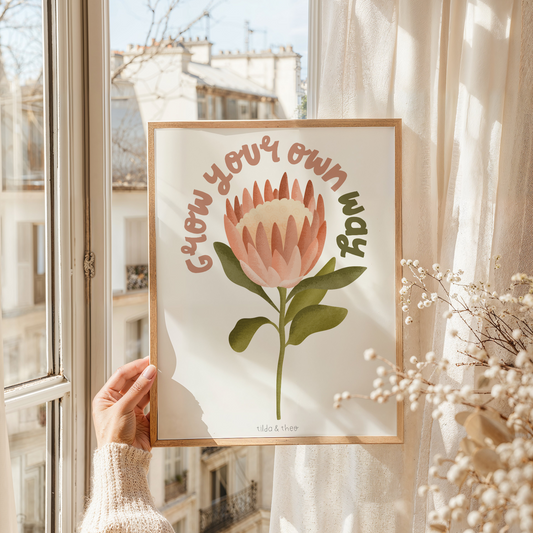 Poster Protea Blume "Grow your own way" - Boho Print Zweig Motivierender Spruch