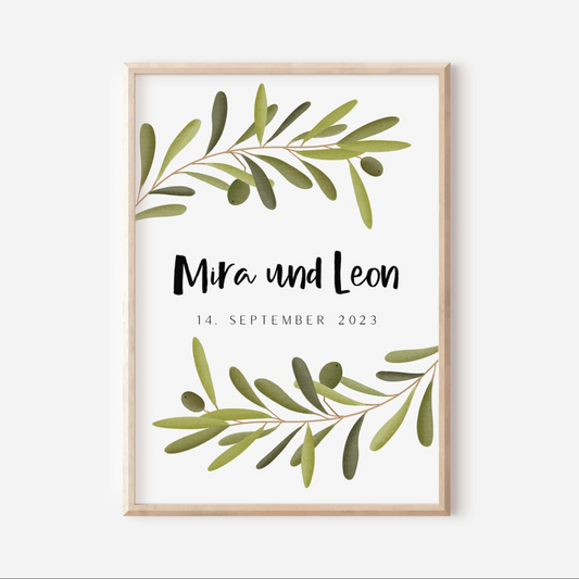 Wedding poster olive branches with names