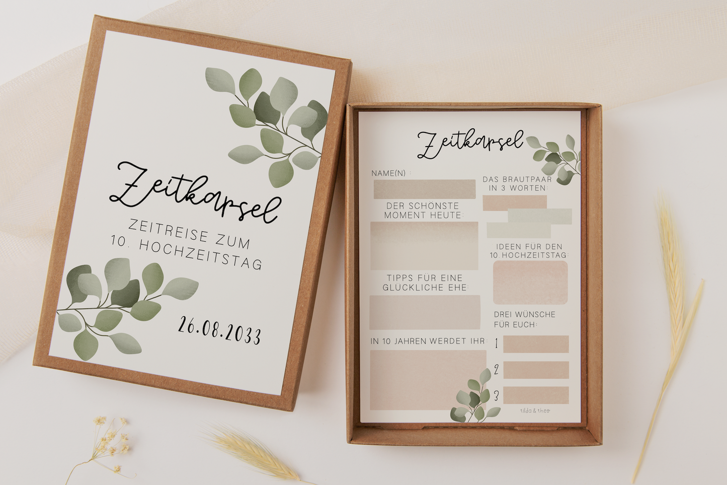 Zeitkapsel Hochzeit zum Ausfüllen Eukalyptus II - Karten in A6 Gästebuch