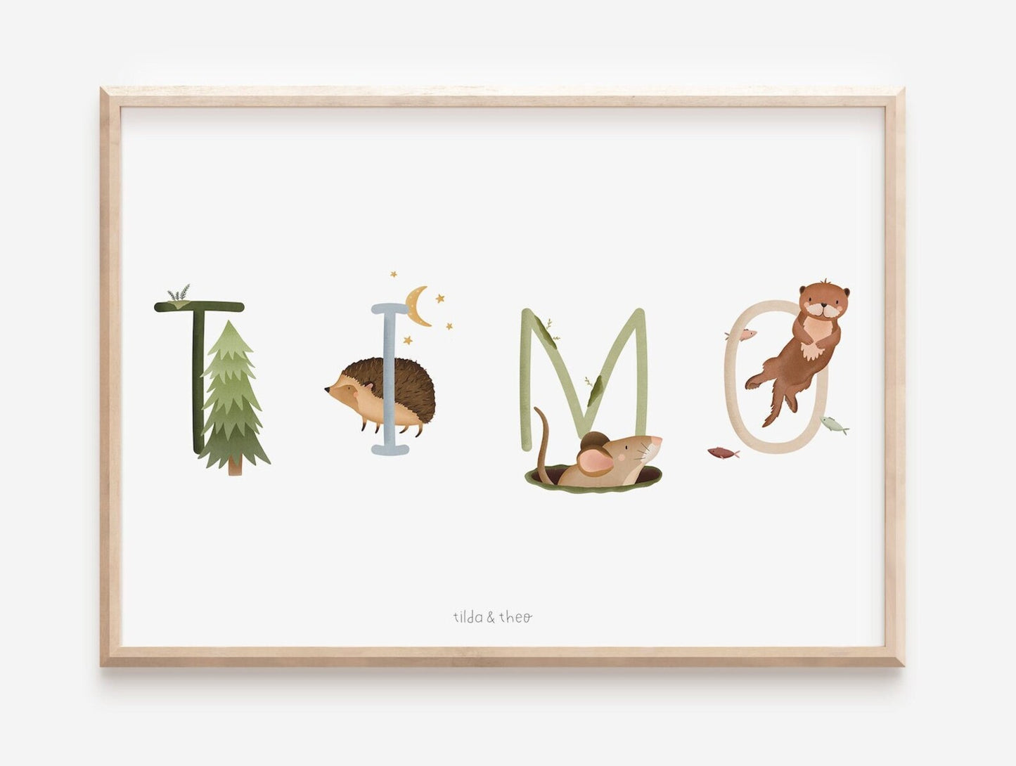 Poster children's room forest letters - christening poster name forest animals